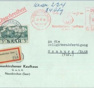 89337 - GERMANY Saar - POSTAL HISTORY - Mechanical Postmark on REGISTERED COVER