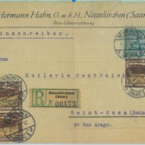 89339 - GERMANY Saar  - POSTAL HISTORY -  REGISTERED COVER  to FRANCE  1926