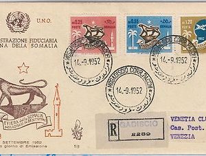 46179  SOMALIA -  POSTAL HISTORY -   FDC COVER Scott # 185/186 + C28  Palm Trees