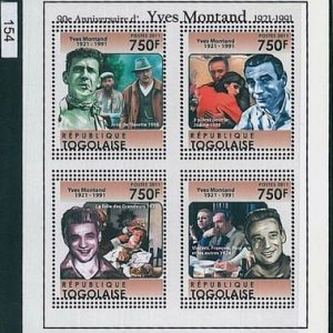TOGO, ERROR, 2011 MISSPERF SHEET: 90 Anniv. of Yves Montand, Cinema, Art, France