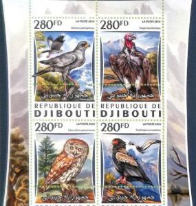 A7684 - DJIBOUTI - ERROR MISPERF Stamp Sheet - 2016 BIRDS Owls Eagle