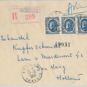 62559  -  TUNISIA - POSTAL HISTORY - REGISTERED COVER to THE NETHERLANDS 1953