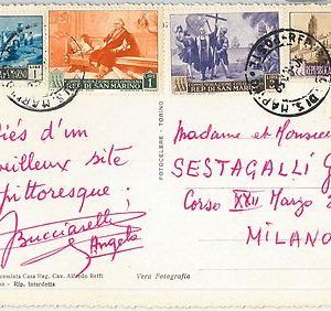 64830 - SAN MARINO - POSTAL HISTORY - COLUMBUS stamps on POSTCARD 1953