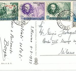 64831 - SAN MARINO - POSTAL HISTORY - COLUMBUS stamps on POSTCARD 1952  Maps