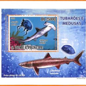A6615 - SAO TOME & PRINCIPE, Error, 2009, MISSPERF SOUVENIR S: Sharks, Jellyfish