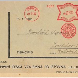 41972 Czechoslovakia Bohemia Moravia POSTAL HISTORY - COVER: MECHANICAL FRANKING