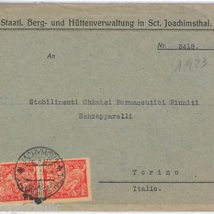 50587  - CZECHOSLOVAKIA  - POSTAL HISTORY: COVER from Jáchymov to ITALY 1923