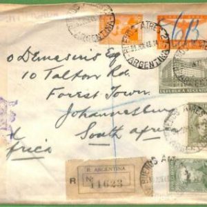 98675 - ARGENTINA - POSTAL HISTORY - REGISTERED COVER to S. Africa 1943 CENSORED