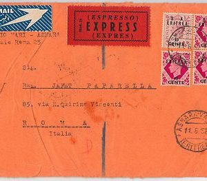 48627  - B.A. ERITREA postal history: SG # 21 (2 + 1) + 20 on EXPRESS COVER 1952