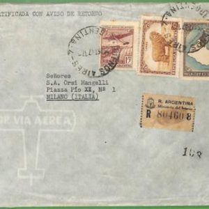 98758  - ARGENTINA - POSTAL HISTORY - Registered Airmail COVER  to ITALY  1947