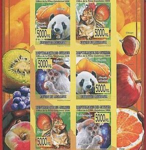 FRENCH GUINEA - ERROR, 2008 IMPERF SHEET: FRUITS & ANIMALS, Pandas, Monkeys