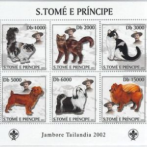 SAO TOME & PRINCIPE - ERROR, 2003 MISSPERF SHEET: SCOUTS, DOGS, CATS, ANIMALS
