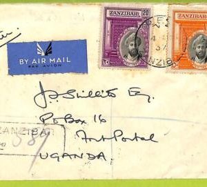 40225 - ZANZIBAR - POSTAL HISTORY - SG 324 + 326 on registered COVER to UGANDA