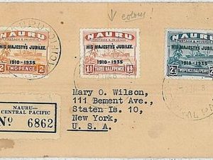 POSTAL HISTORY -  NAURU: 1935 JUBILLE stamps on registered cover postmarked 1948