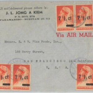74611 - SURINAME - POSTAL HISTORY -  Overprinted stamps on COVER to USA