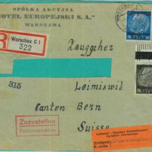 95405 - POLAND General Government - POSTAL HISTORY - HOTEL Cover FRONT - Warsaw