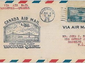AVIATION 1st Flights -  POSTAL HISTORY - CANADA : Vancouver / Quesnel 04.08.1938