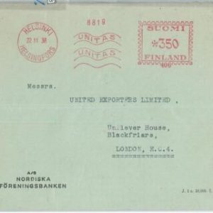 71730 - FINLAND - Postal History -  MECHANICAL POSTMARK on COVER to GB  1938