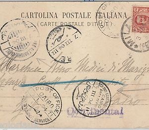 ITALY --  POSTAL HISTORY: POSTCARD  to EGYPT - MANY POSTMARKS! 1904