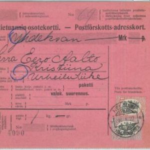 66669 - FINLAND - Postal History - PARCEL MAIL Formular CARD 1922