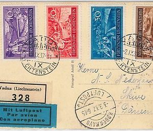 LIECHTENSTEIN  -  POSTAL HISTORY: AIRMAIL REGISTERED COVER to DENMARK 1937