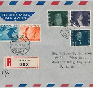 BIRDS Eagles  LIECHTENSTEIN  -  POSTAL HISTORY -  REGISTERED COVER to USA 1948