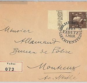 LIECHTENSTEIN  -  POSTAL HISTORY -  REGISTERED COVER to FRANCE  1945