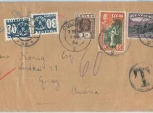 73773 - CEYLON - POSTAL HISTORY -    COVER to AUSTRIA - TAXED on arrival !! 1936