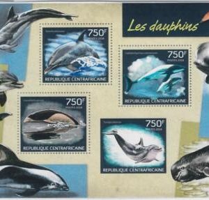 887 - CENTRAL AFRICAN R. - ERROR - MISSPERF stamp sheet 2014 DOLPHINS