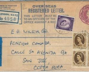 72438 - GREAT BRITAIN - Registered POSTAL STATIONERY COVER to COSTA RICA 1957