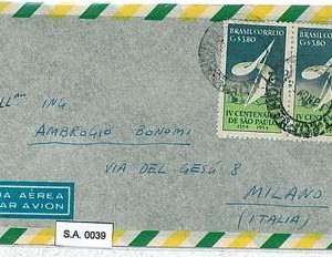 BRAZIL  - POSTAL HISTORY  -  AIRMAIL COVER to ITALY  1956 - 11.60 Cr RATE