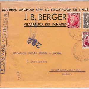 España - HISTORIA POSTAL: TRICOLOR sobre CARTA a SUIZA - CENSURA 1938