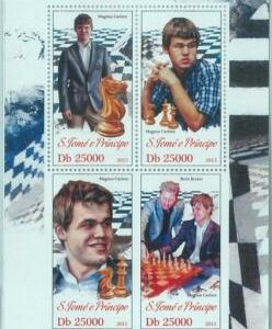 M1640 - S TOME & PRINCIPE, ERROR, 2013, MISPERF SHEET: Magnus Carlsen, Chess
