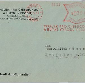 64791 - Bohemian and Moravia - Red MECHANICAL POSTMARK: CHEMISTRY  1941