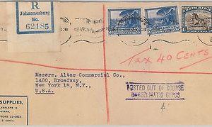 52034 - SOUTH AFRICA -  POSTAL HISTORY: LONG COVER to USA 1947 - TAXED!