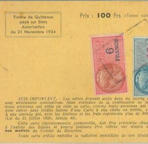 85100  - FRANCE - Postal History -  timbres tax REVENUE STAMPS on  TICKET 1950