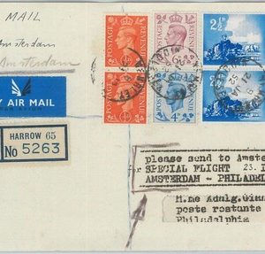 77769  GB - FIRST FLIGHT CARD: Amsterdam / Philadelphia - London Distpatch 1952