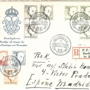 70124 - SWEDEN - POSTAL HISTORY - Registered FDC COVER 1951 to SPAIN