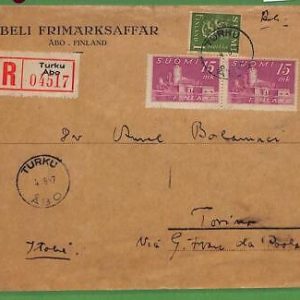 ad0664 - FINLAND - Postal History - REGISTERED COVER to ITALY  1947 Turku Abo