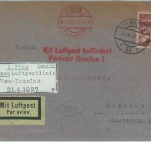 89746 - AUSTRIA - Postal History - FIRST FLIGHT COVER : Wien  BRESLAU  1927