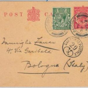 42198  GB  - POSTAL HISTORY:  POSTAL STATIONERY CARD Michel # P46 to ITALY 1924