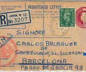 50675   GB -  POSTAL HISTORY -   STATIONERY Registered COVER to SPAIN 1951