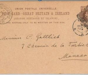50661 GB -  POSTAL HISTORY:  LONDON postmark on STATIONERY CARD to MONACO ! 1887