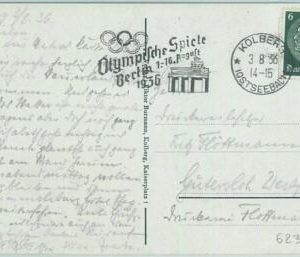 68234 - GERMANY - POSTAL HISTORY - CARD:  3.8.1936 Olympic postmark: KOLBERG