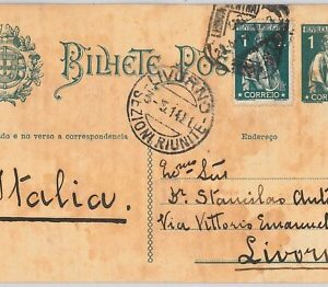 50867 -  PORTUGAL -  POSTAL HISTORY -  STATIONERY CARD to Livorno ITALY 1914