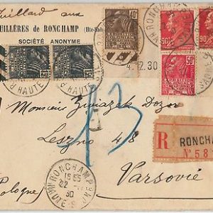 FRANCE - HISTOIRE POSTAL:  LETTRE RECOMMANDEE de  Ronchamp a Pologne 1930 Poland