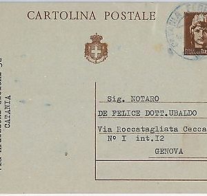 ITALIA REGNO:  storia postale - INTERO POSTALE con annullo CATANIA in BLU! 1945