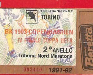 C1559 - Vecchio  BIGLIETTO PARTITA CALCIO - UEFA 1991/92  TORINO vs COPENHAGHEN