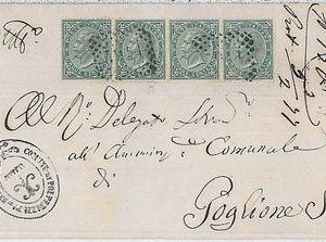37930  REGNO: Sassone T16 striscia da 4 su CIRCOLARE - Polpenazze del Garda 1877