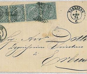 37937  - ITALIA REGNO: Sassone T16 striscia da 4 su CIRCOLARE - Tagliuno 1874